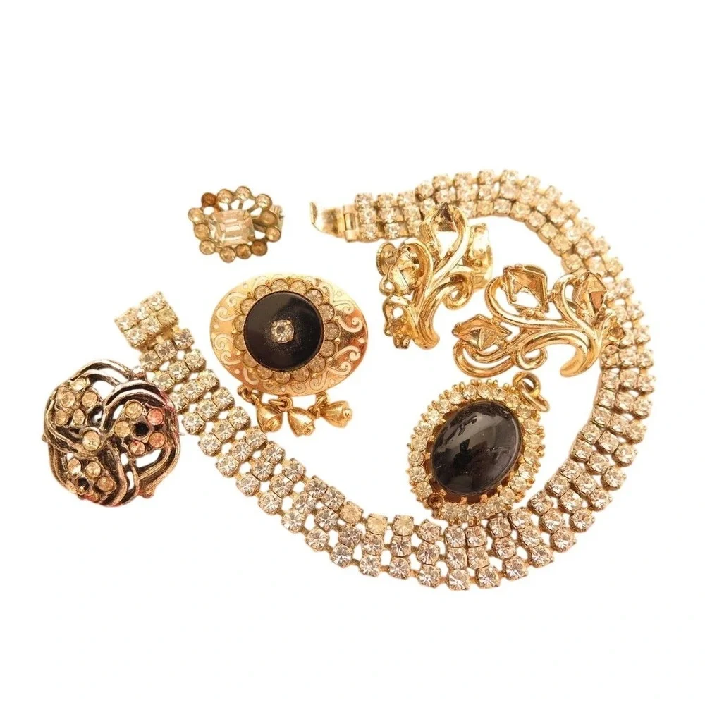Vintage Rhinestone Bracelet‎ Earrings Enamel Pins Jewelry Lot 4 Restoration*A680